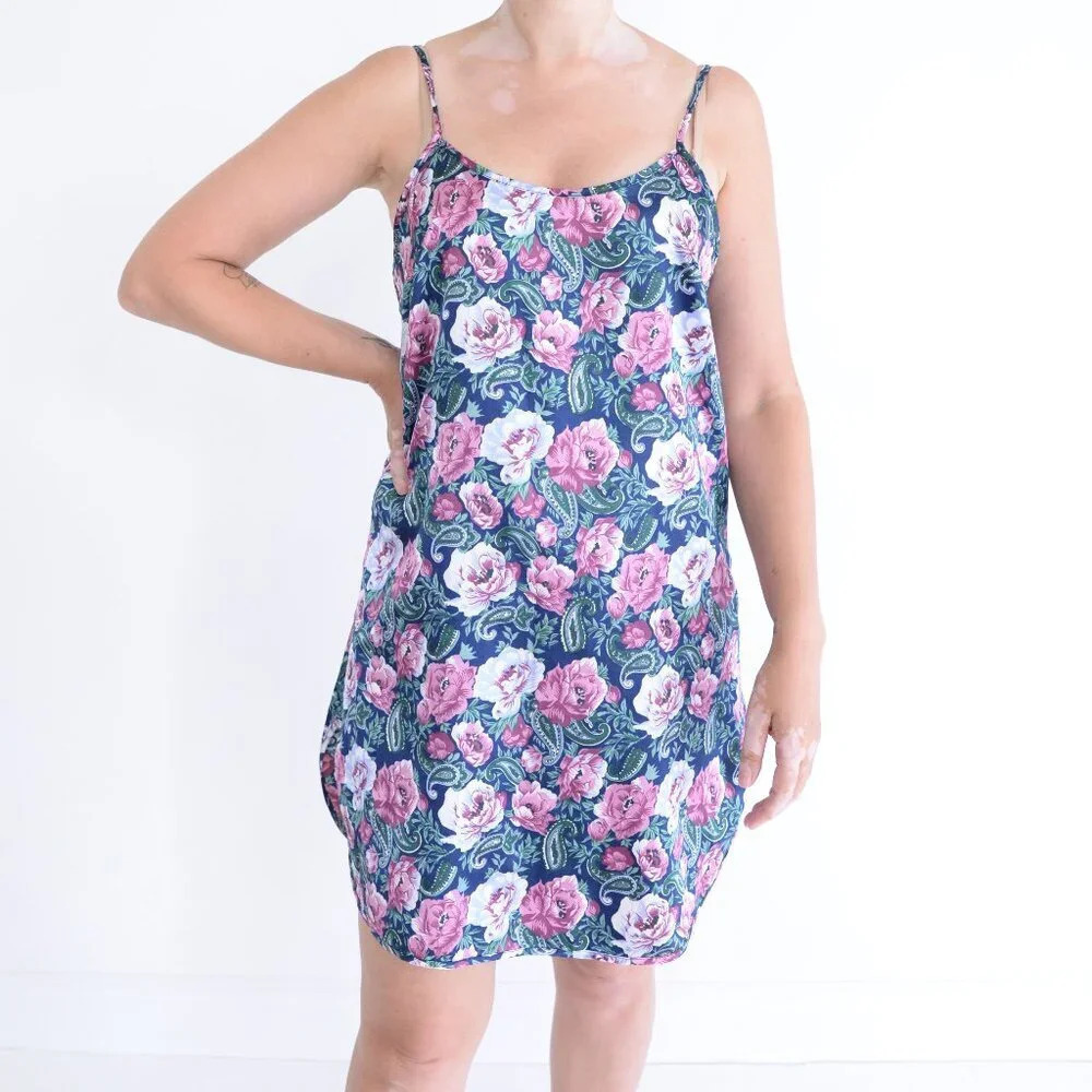 Vintage 80s Green Floral Short Spaghetti Strap Nightie Babydoll Slip Dress M